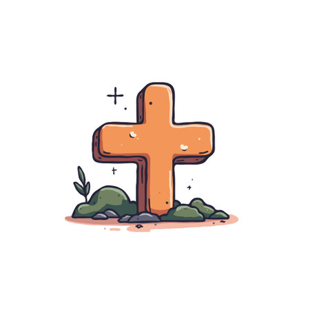Cartoon illustration of a tombstone with a cross, grass, and rocks. Perfect for Halloween or religious themes.のイラスト素材