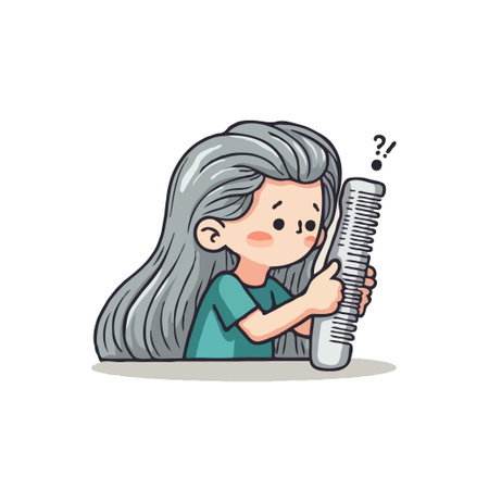 Cartoon woman with long gray hair looking at a comb with a confused expression. Hair care concept.のイラスト素材