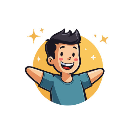 Cheerful cartoon illustration of a young boy with open arms, set against a bright yellow background with sparkling stars.のイラスト素材