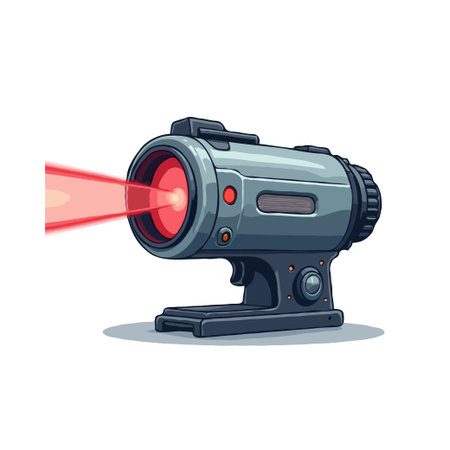 Detailed pixel art illustration of a futuristic laser gun emitting a bright red beam, isolated on a white background.のイラスト素材
