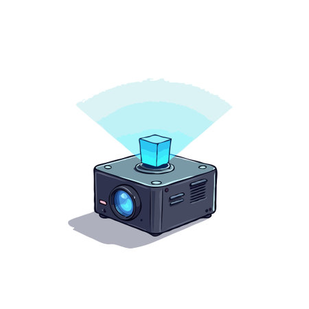 Isometric illustration of a hologram projector creating a blue cube hologram. Modern technology and...