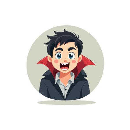 Adorable cartoon illustration of a young boy dressed as a vampire with a happy expression, perfect for Halloween themes.のイラスト素材