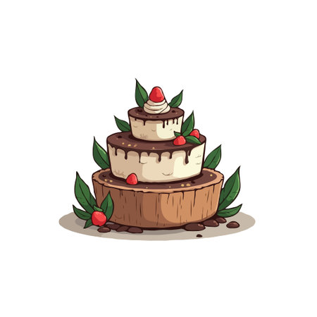 A charming illustration of a tiered cake, adorned with chocolate drizzle, fresh strawberries, and green leaves, perfect for celebrations.のイラスト素材