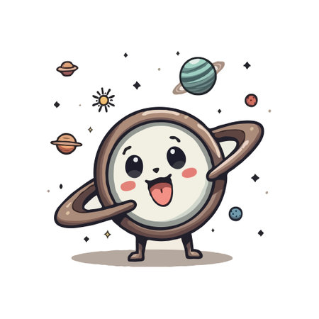 Adorable Saturn cartoon character with planets and stars. Perfect for kids' designs, educational materials, and space-themed projects.のイラスト素材