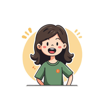 Cheerful cartoon girl with brown hair and green shirt, expressing joy and positivity. Vector illustration for various designs.のイラスト素材