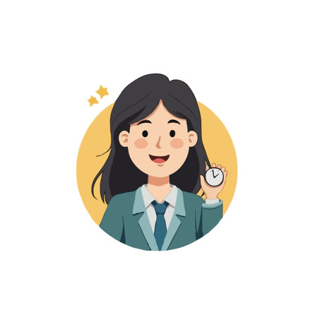 Illustration of a young businesswoman holding a clock, symbolizing time management, efficiency, and punctuality in business.のイラスト素材