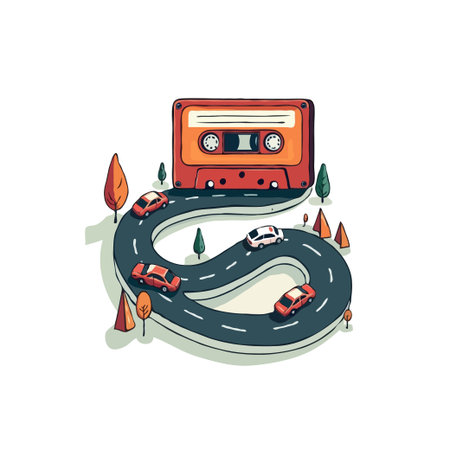 Illustration of cars driving on a winding road shaped like a cassette tape, symbolizing a music-themed journey.のイラスト素材