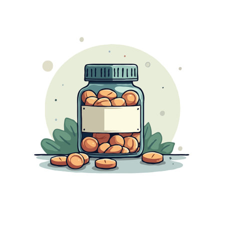 Illustration of a bottle filled with pills, some pills are scattered around the bottle. Health and medicine concept.のイラスト素材