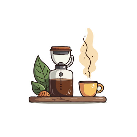 A cozy illustration of pour over coffee setup with a steaming cup, leaves, and nuts on a wooden surface.のイラスト素材