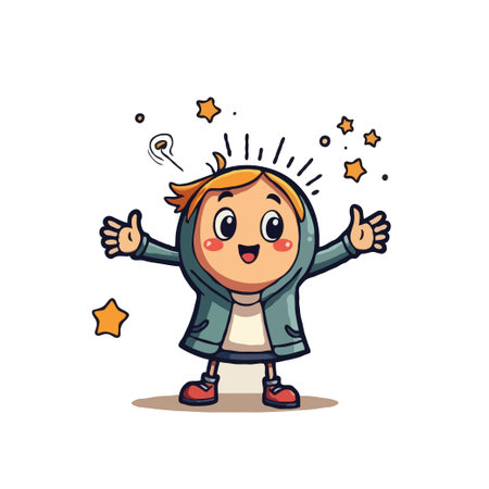 Cartoon illustration of an excited child with arms raised surrounded by stars, symbolizing success and happiness.のイラスト素材