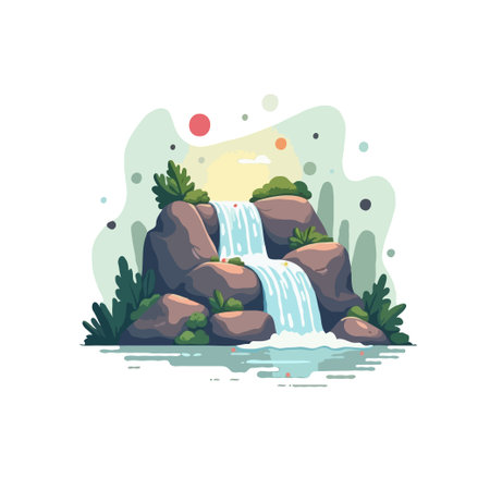 Vibrant illustration of a waterfall cascading over rocks, surrounded by lush greenery in a stylized landscape.のイラスト素材