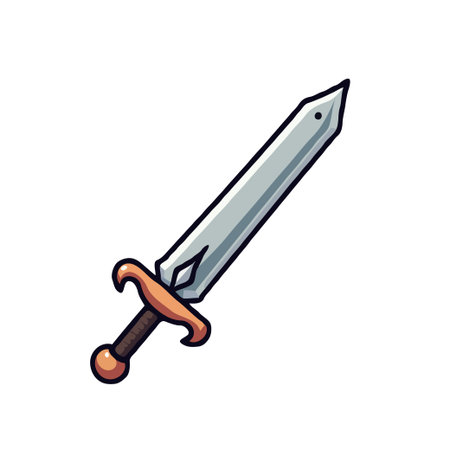 Cartoon style illustration of a silver sword with a brown handle. Fantasy weapon isolated on white background.のイラスト素材