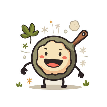 Cute pancake in a pan cartoon character illustration. Perfect for breakfast, cooking, or food-related designs.のイラスト素材