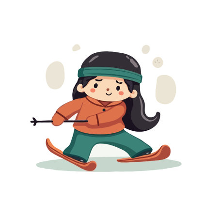 Cute cartoon girl skiing in winter. Winter sports and activities. Vector illustration in flat style.のイラスト素材