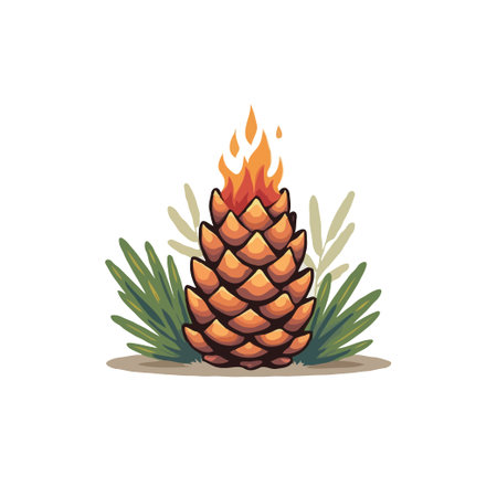 Pixel art illustration of a pinecone ablaze with fire, surrounded by stylized green foliage.のイラスト素材