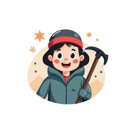 Cute cartoon illustration of a girl mountaineer with an ice axe, ready for a winter adventure in the mountains.のイラスト素材