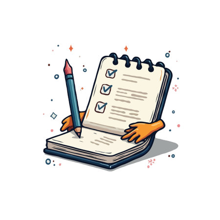 Cartoon illustration of a notepad with a checklist and a pencil, perfect for project management, planning, or organization.のイラスト素材