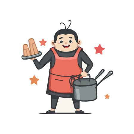 Cheerful cartoon chef character holding pudding and pots. Cute illustration for cooking, food, or restaurant themes.のイラスト素材