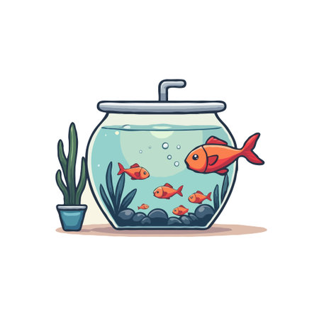 Cartoon illustration of a fishbowl filled with water, goldfish, and pebbles, with a potted plant beside it.のイラスト素材