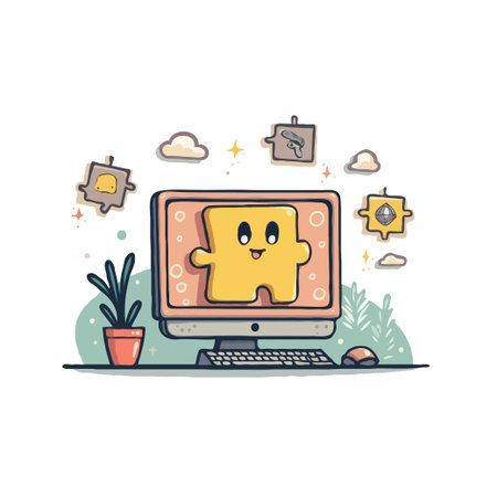 Whimsical illustration of a computer with a puzzle piece character on the screen, representing problem-solving and technology.のイラスト素材