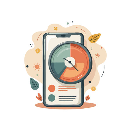 Smartphone displaying a time management app with a clock graphic, symbolizing productivity and efficiency. Vector illustration.のイラスト素材