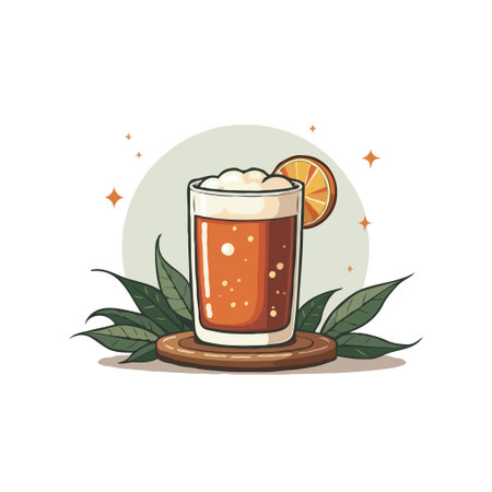 Illustration of a glass of beer with foam and an orange slice, set on a coaster with leaves.