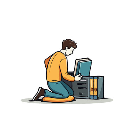 Illustration of a man kneeling and searching through files in a filing cabinet. Vector art style, isolated on white.のイラスト素材