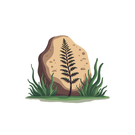 Pixel art illustration of a fern fossil on a stone surrounded by grass. Nature, paleontology, and history concept.のイラスト素材