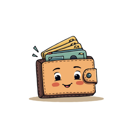 Adorable wallet cartoon character with a cheerful expression, filled with money and cards. Vector illustration for financial themes.のイラスト素材