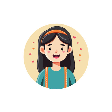 Adorable cartoon girl with black hair and an orange headband. Perfect for children's illustrations and designs.のイラスト素材