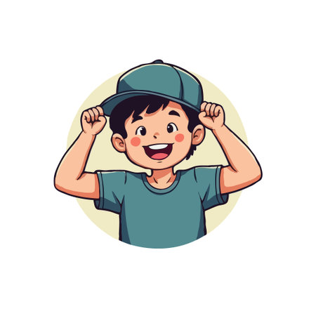 Cheerful cartoon illustration of a boy smiling while adjusting his baseball cap, set against a neutral background.のイラスト素材