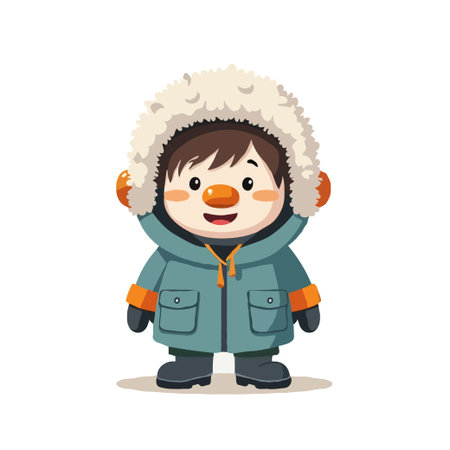 Cute cartoon illustration of a boy wearing a warm winter coat with a fur-lined hood, perfect for seasonal designs.のイラスト素材