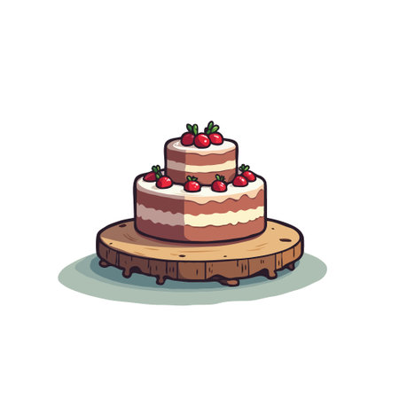 Illustration of a two-tiered cake decorated with fresh strawberries, displayed on a rustic wooden stand. Sweet treat concept.のイラスト素材