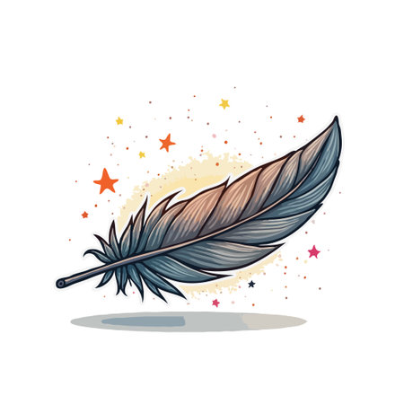 Artistic illustration of a feather with a dreamy aura, surrounded by stars and soft colors. Ideal for creative projects.のイラスト素材