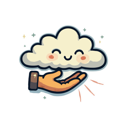 Cute cartoon illustration of a hand presenting a happy cloud with a smiling face. Whimsical and cheerful design.のイラスト素材