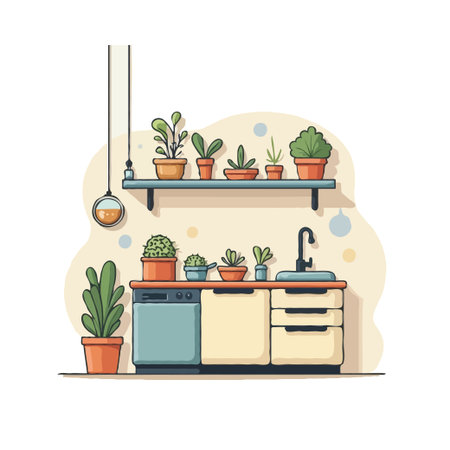 Cozy kitchen interior with various potted plants on shelves and countertops, creating a fresh and vibrant indoor garden.のイラスト素材