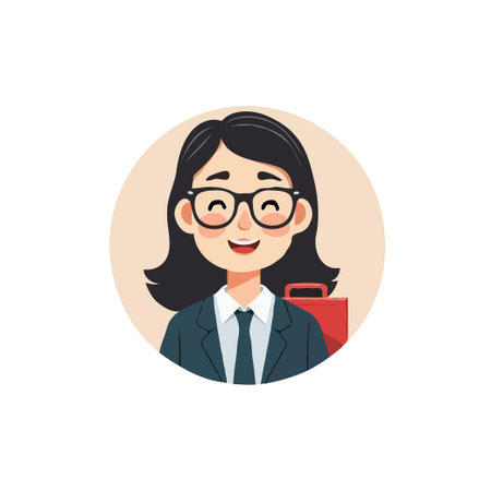 Cartoon illustration of a smiling businesswoman wearing glasses, a suit, and carrying a red briefcase. Vector design.のイラスト素材
