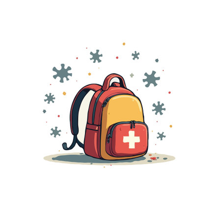 Cartoon illustration of a first aid kit backpack surrounded by abstract shapes, isolated on white background.のイラスト素材