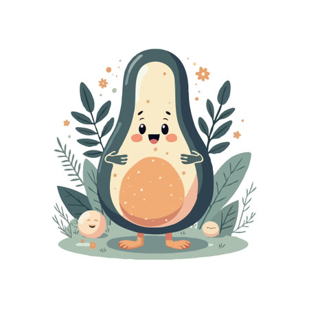 Adorable avocado character with a smiling face surrounded by plants. Vector illustration for kids and food concepts.のイラスト素材