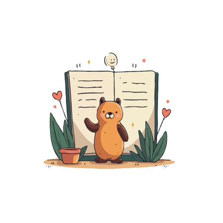 Adorable bear character standing next to an open book with a lightbulb above. Concept for learning and inspiration.のイラスト素材