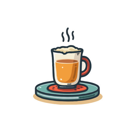 Charming illustration of a steaming hot drink in a glass mug on a warmer, perfect for cozy and comforting themes.のイラスト素材