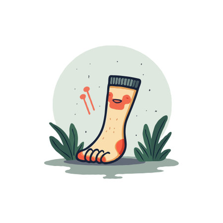 Whimsical cartoon illustration of a sock character with a face, standing among grass and plants in a natural setting.のイラスト素材