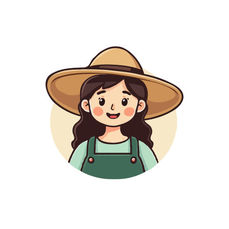 Cute cartoon illustration of a young farmer girl wearing a sun hat and green overalls. Vector character design.のイラスト素材