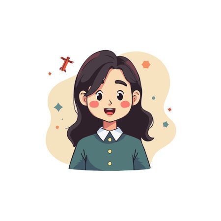 Charming cartoon illustration of a young girl with wavy dark hair, wearing a green sweater. Vector art for various designs.のイラスト素材