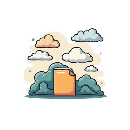 A minimalist illustration of a file icon surrounded by clouds, symbolizing cloud storage and data management.のイラスト素材