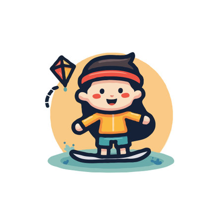 Adorable cartoon of a girl wakeboarding in a puddle with a kite flying nearby. Vector illustration.のイラスト素材