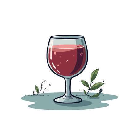A charming illustration of a wine glass filled with red wine, surrounded by delicate green plants, set against a clean background.のイラスト素材