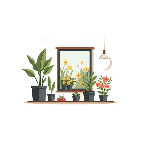Illustration of various potted plants arranged on a shelf near a window, creating a cozy indoor garden scene.のイラスト素材