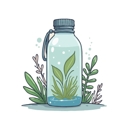 Illustration of a self-sustaining terrarium inside a reusable water bottle, promoting eco-friendly and sustainable living.のイラスト素材