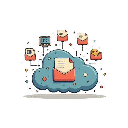 Illustration of a cloud-based email service connecting various devices, showcasing modern communication and data management.のイラスト素材